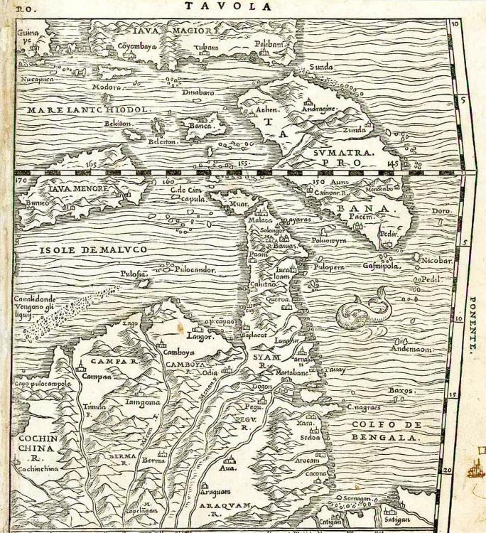 1554 - Giovanni Battista RAMUSIO : Carte imprimée de l'Asie du Sud-Est (le sud est orienté en haut de la page)